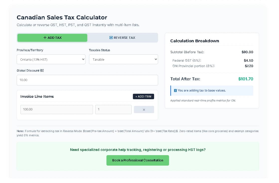 Canadian sales tax calculator built for the Acctaxco website