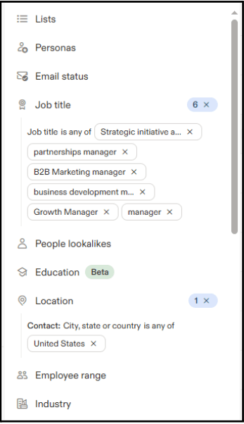 Prospecting filters targeting strategic initiatives, partnerships, business development, and growth job titles