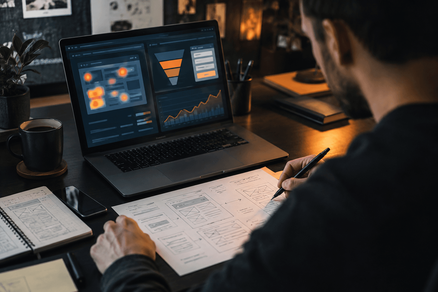 Conversion strategist comparing a landing page wireframe with behavioral analytics
