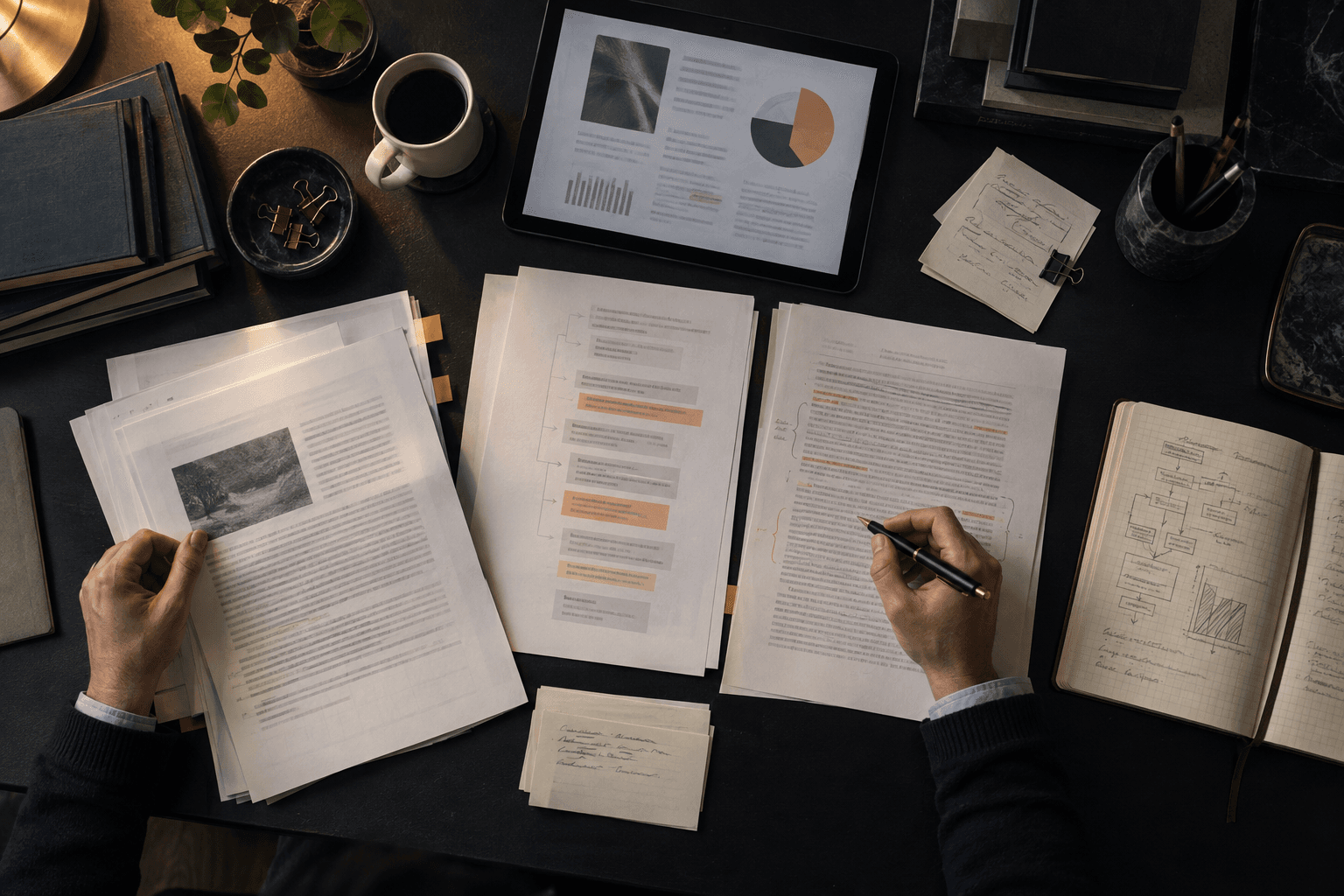 Researcher organizing sources and reviewing a technical white paper manuscript