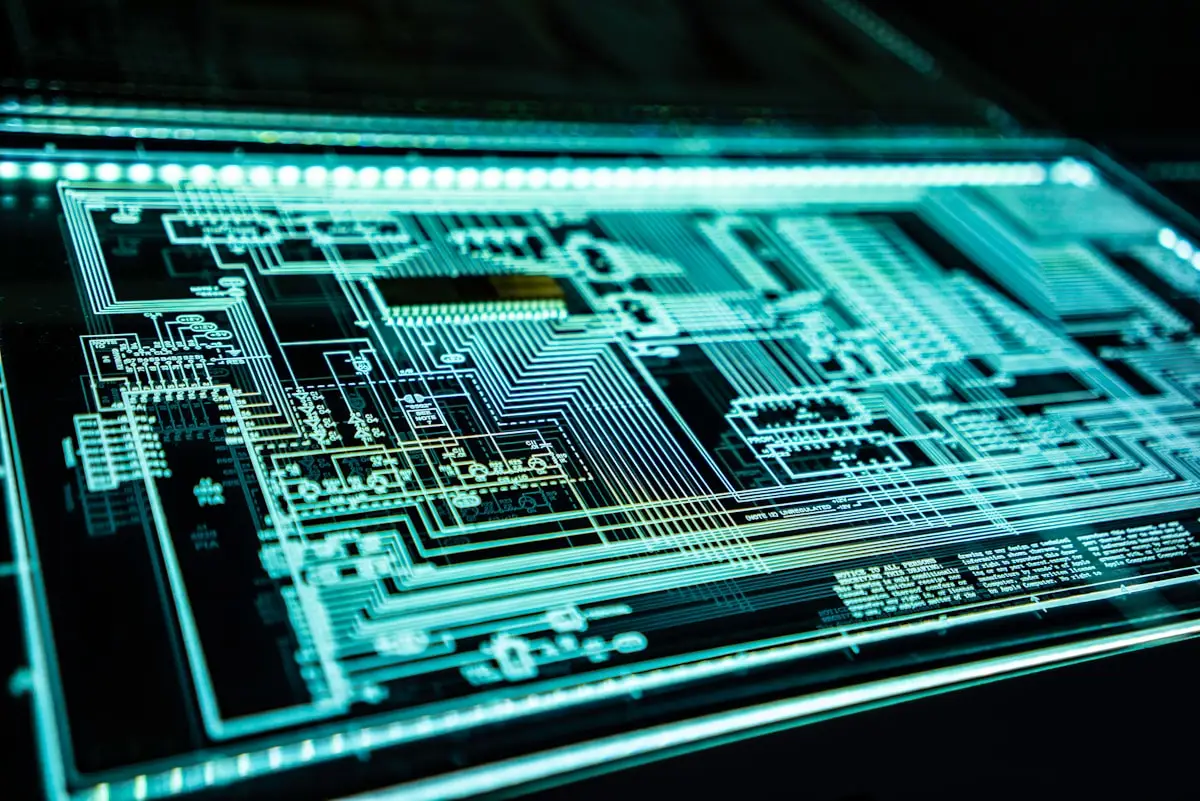 Illuminated digital circuit board representing a connected SaaS platform