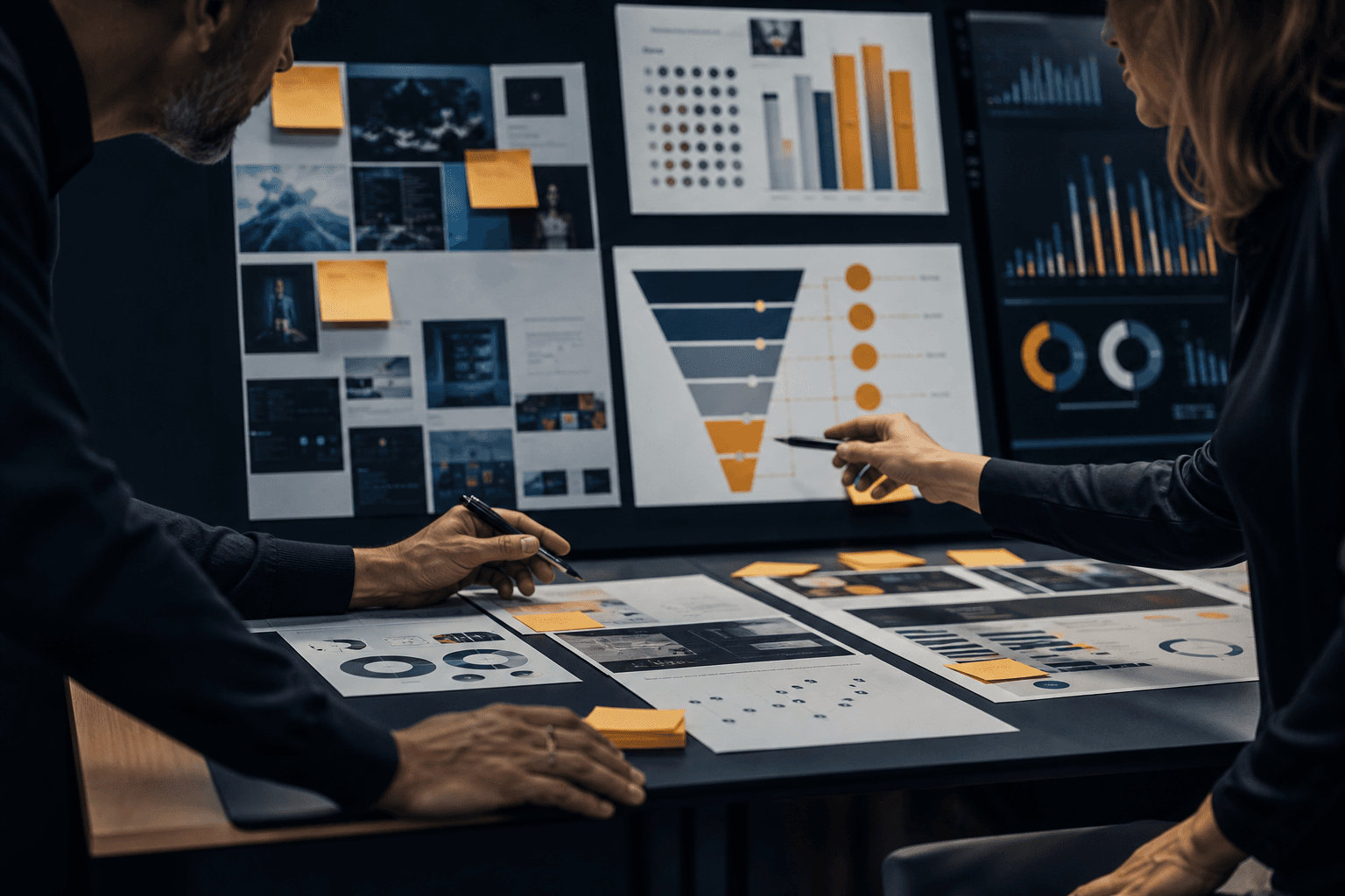 Paid media strategists reviewing creative tests, conversion signals, and pipeline attribution