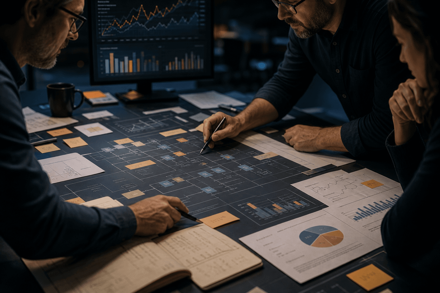 SEO specialists reviewing technical site architecture, content clusters, and organic conversion signals