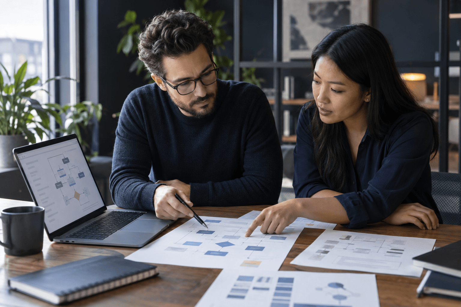 Operations colleagues reviewing workflow logic and QA test paths